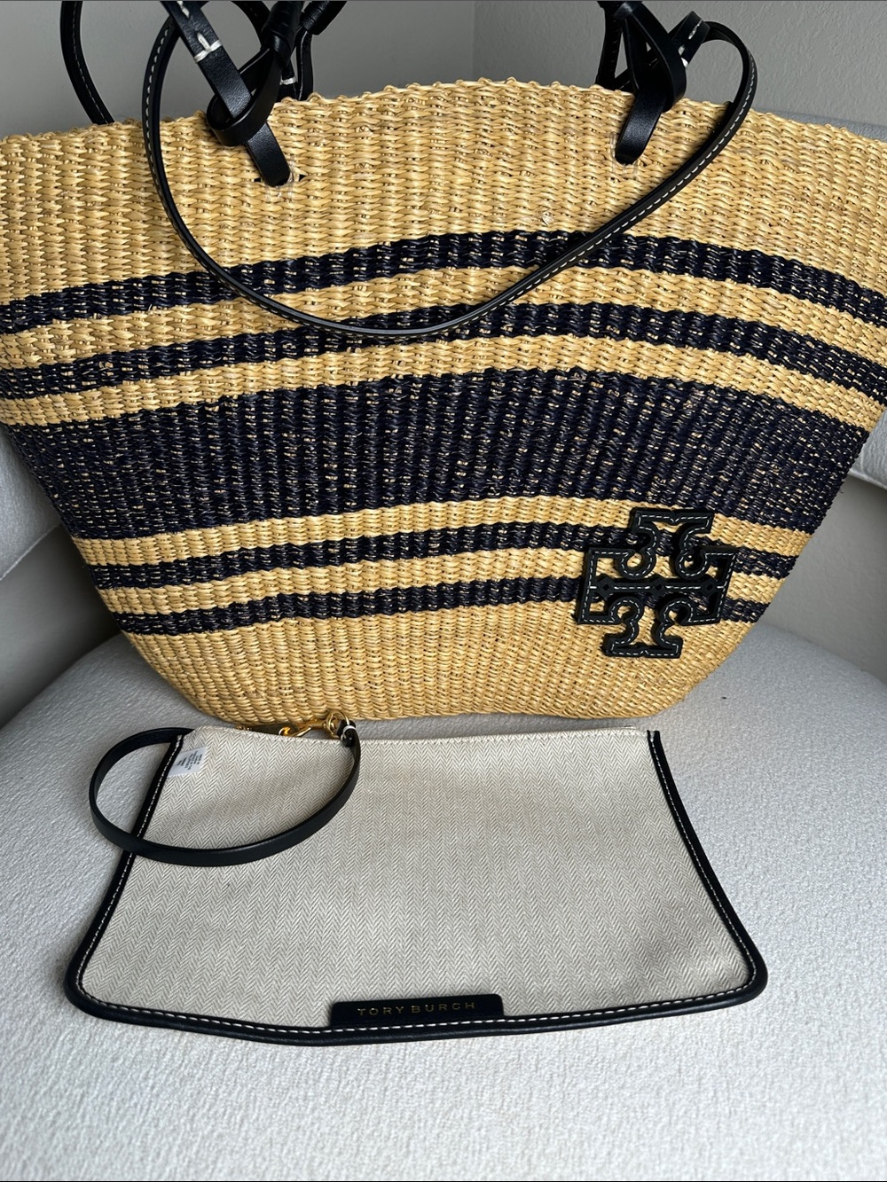 Tory Burch Ella Striped Straw Basket Tote with Cream Canvas Wristlet - Picture 2 of 4